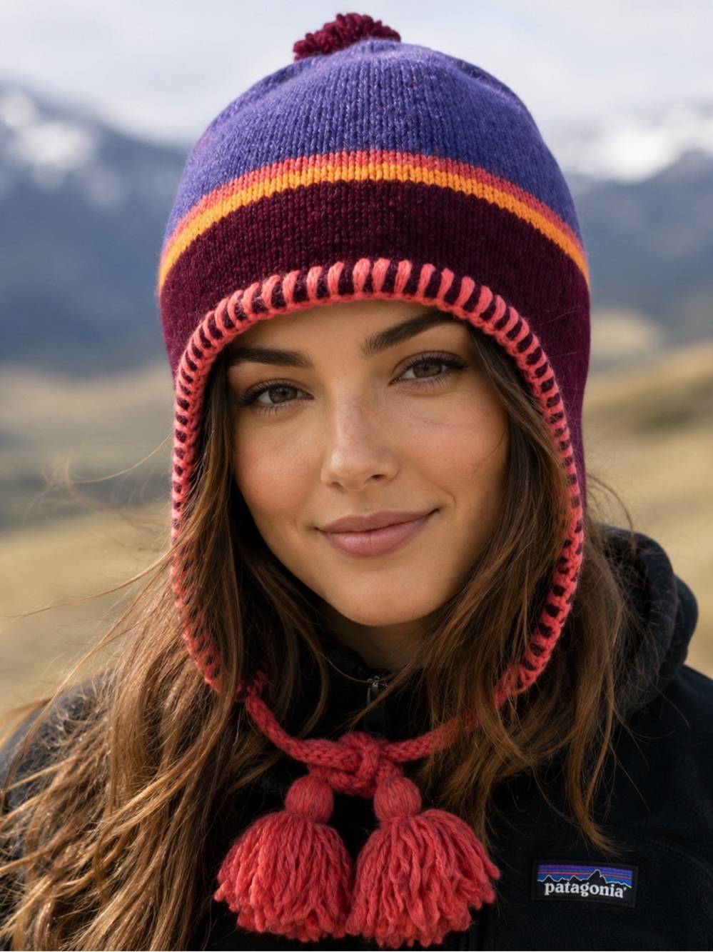 Patagonia Ear Flap Hat "Woolly" Knit Hat Tassels